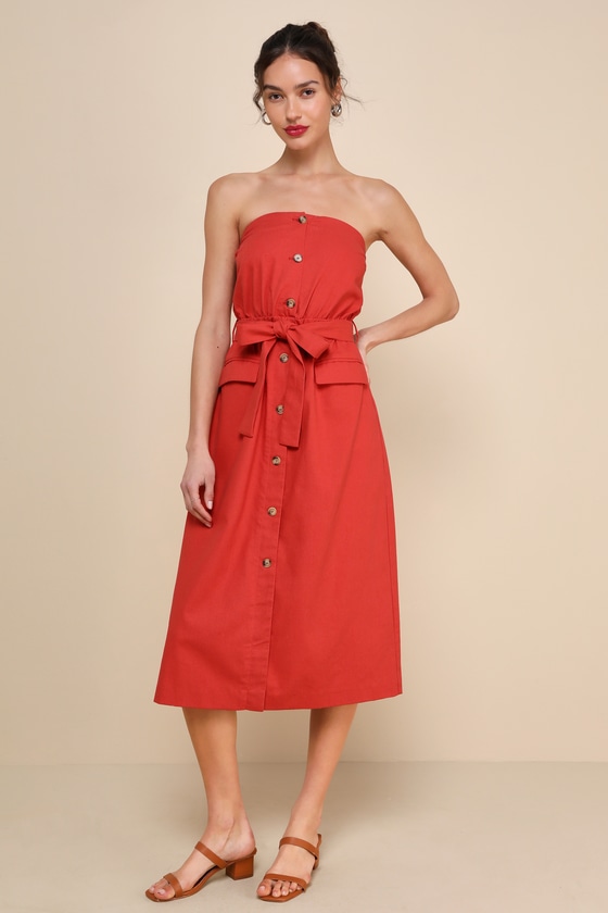 Lulus Sardinia Sun Rust Red Linen Strapless Midi Dress With Pockets