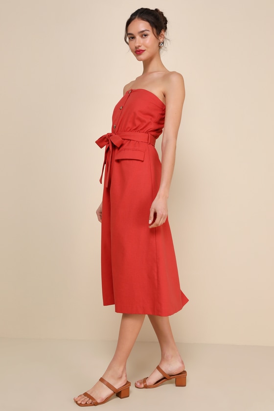 Rust Red Linen Dress - Strapless Midi Dress - Dress With Pockets - Lulus