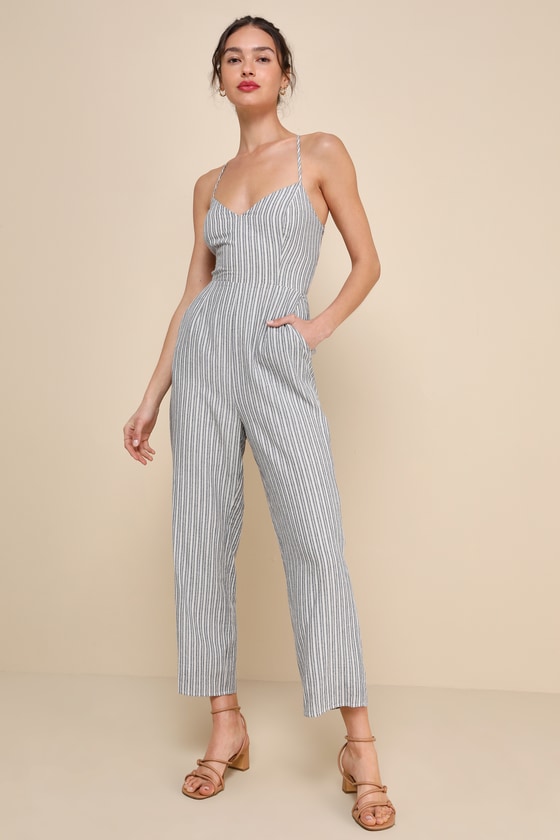 Lulus Charming Vacay Ivory And Blue Striped Lace-up Jumpsuit In Ivory And Blue