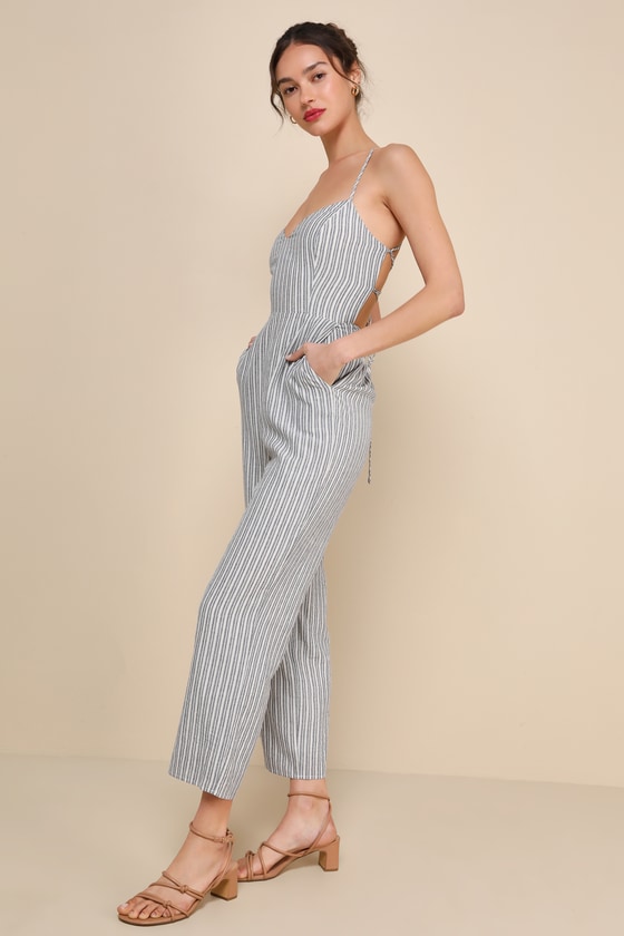 Lulus Charming Vacay Ivory And Blue Striped Lace-up Jumpsuit In Ivory And Blue