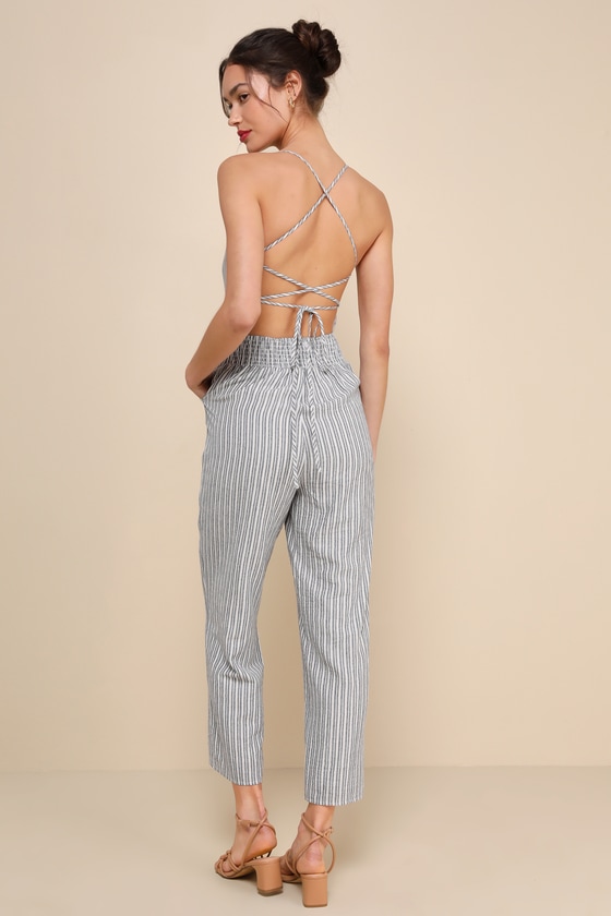 Lulus Charming Vacay Ivory And Blue Striped Lace-up Jumpsuit In Ivory And Blue