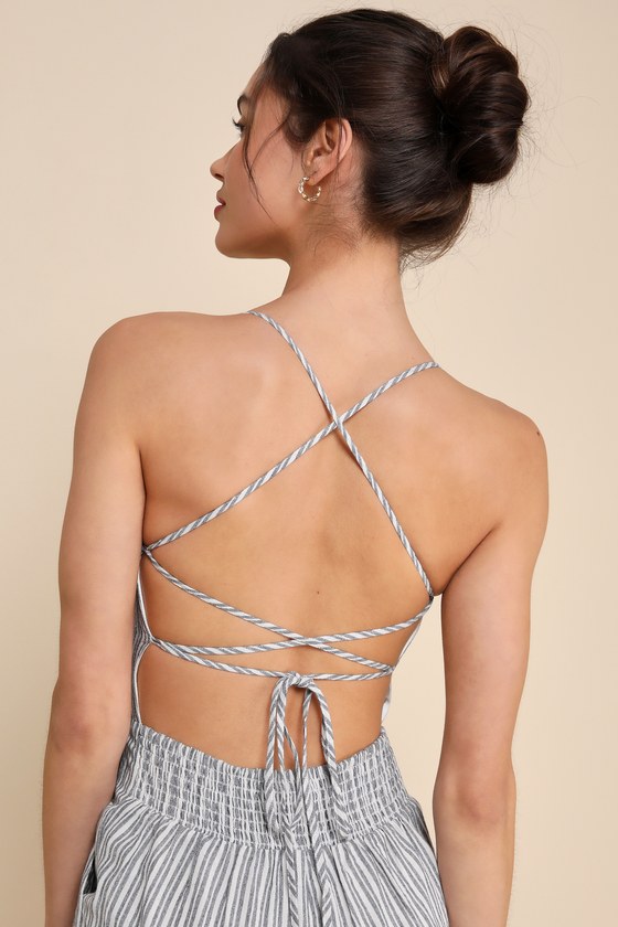 Lulus Charming Vacay Ivory And Blue Striped Lace-up Jumpsuit In Ivory And Blue