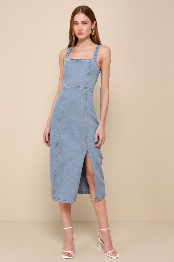 Shop Lulus Trendy Inspiration Light Wash Lace-up Denim Midi Dress In Blue