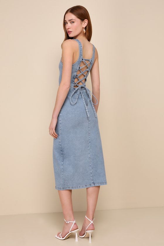 Shop Lulus Trendy Inspiration Light Wash Lace-up Denim Midi Dress In Blue
