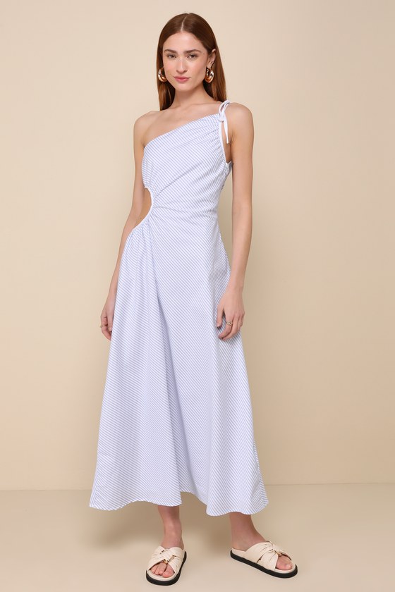 Shop Lulus Effortless Weekend White Striped Cutout One-shoulder Maxi Dress