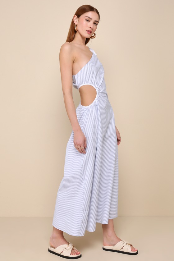 Shop Lulus Effortless Weekend White Striped Cutout One-shoulder Maxi Dress