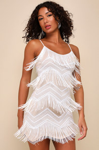 Shake It Off White Sequin Fringe Sleeveless Mini Dress