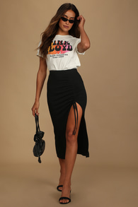 Simply Trendy Black Ribbed Ruched Drawstring Midi Skirt