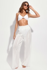 Pacific Perspective Ivory Embroidered Swim Cover-Up Pants