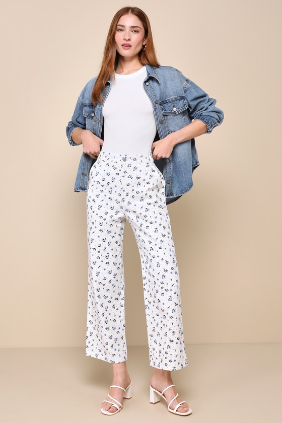 Everyday Personality Ivory Floral Print Twill High Rise Pants 1