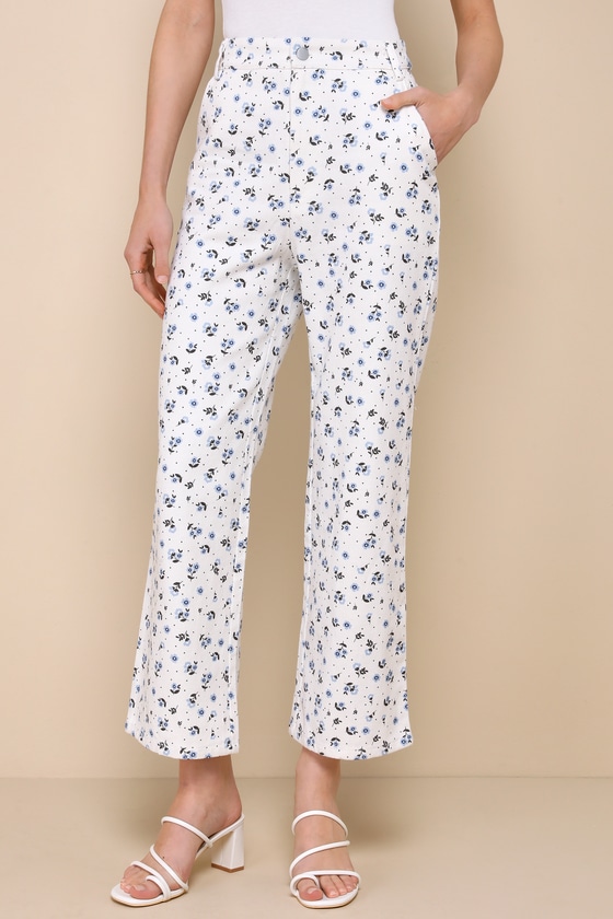 Everyday Personality Ivory Floral Print Twill High Rise Pants 2