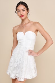 Distinctly Flirty White Floral Burnout Strapless Mini Dress