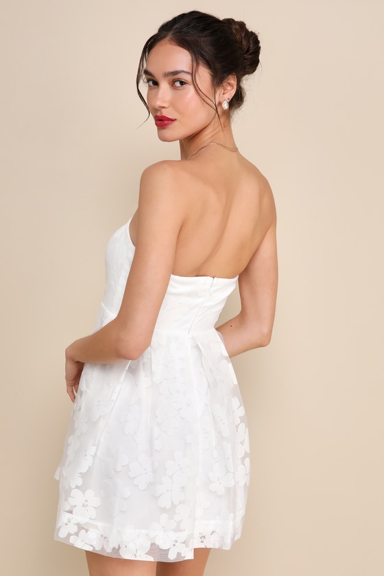 Lulus Distinctly Flirty White Floral Burnout Strapless Mini Dress In White
