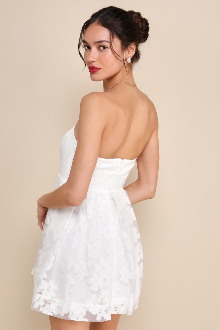 Distinctly Flirty White Floral Burnout Strapless Mini Dress