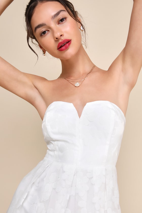 Lulus Distinctly Flirty White Floral Burnout Strapless Mini Dress In White