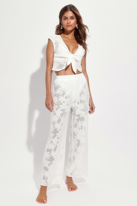 Lulus Bright And Beachy White Lace Wide-leg Swim Cover-up Pants
