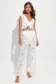 Bright and Beachy White Lace Wide-Leg Swim Cover-Up Pants
