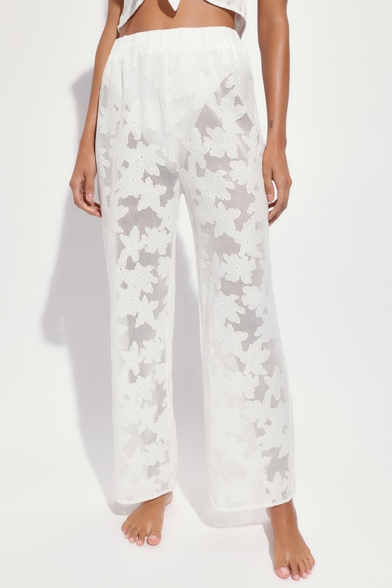 Bright and Beachy White Lace Wide-Leg Swim Cover-Up Pants 4