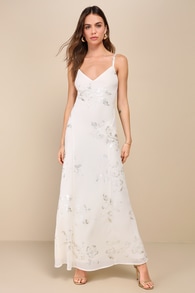 Blissfully Graceful Ivory Floral Metallic Backless Maxi Dress