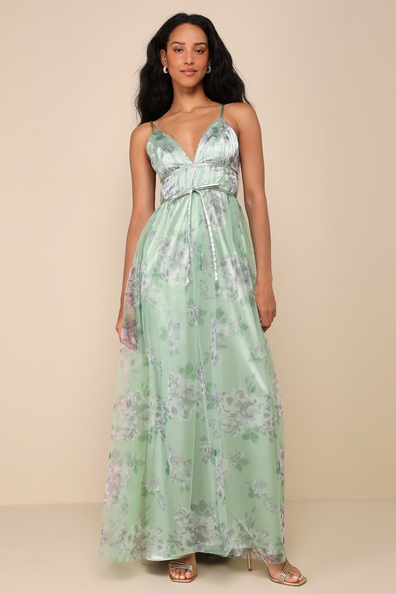 Lulus Delightful Invitation Green Floral Tulle Sleeveless Maxi Dress In Green
