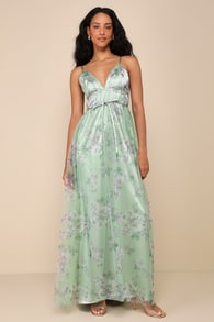 Delightful Invitation Green Floral Tulle Sleeveless Maxi Dress 2