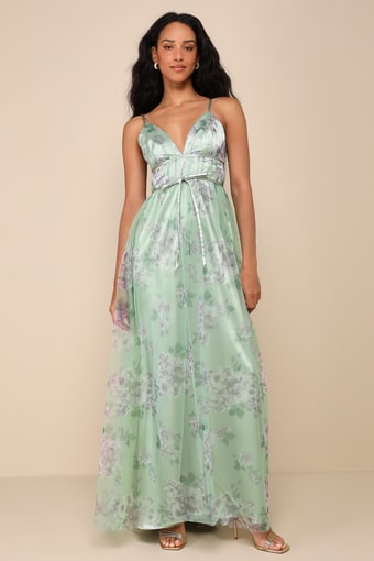 Delightful Invitation Green Floral Tulle Sleeveless Maxi Dress 2