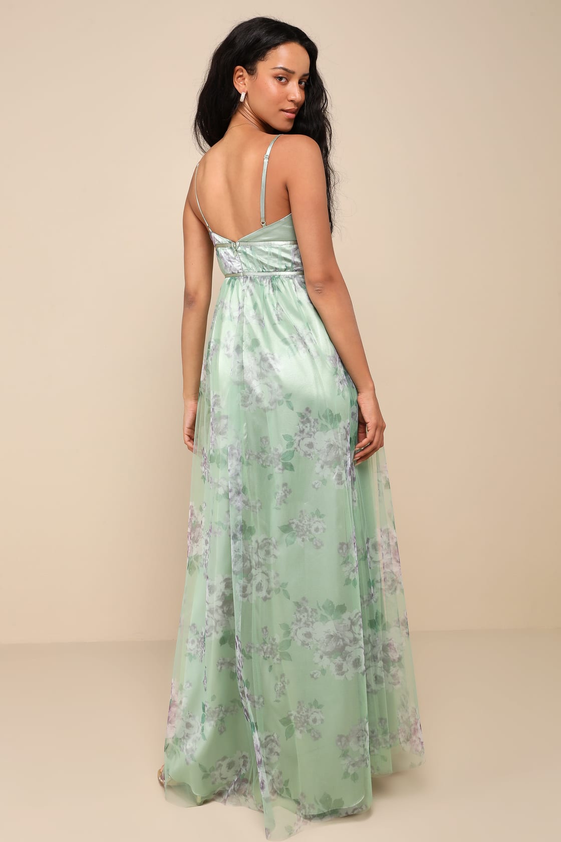 Delightful Invitation Green Floral Tulle Sleeveless Maxi Dress
