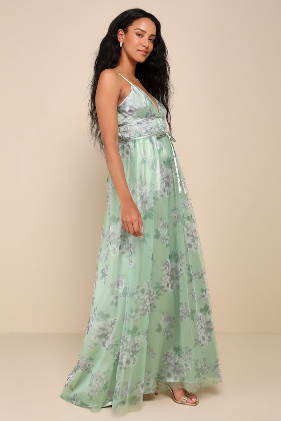 Lulus Delightful Invitation Green Floral Tulle Sleeveless Maxi Dress In Green