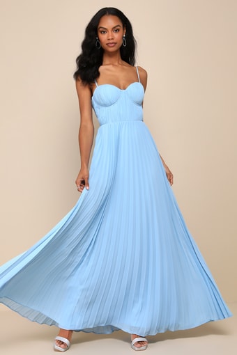 Admirable Elegance Light Blue Pleated Bustier Maxi Dress