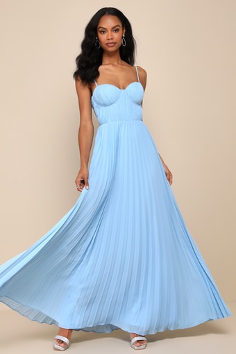 Admirable Elegance Light Blue Pleated Bustier Maxi Dress 1