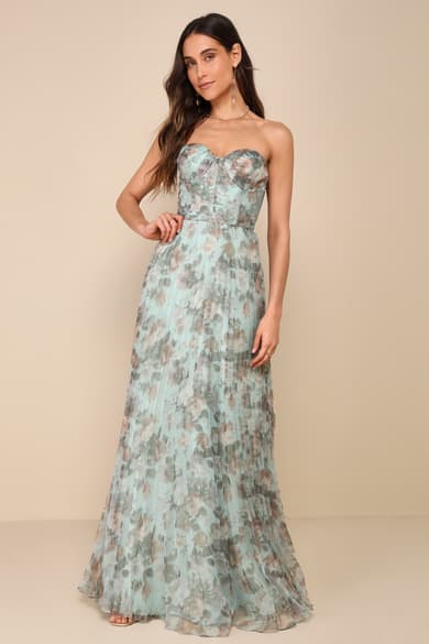 strapless open back dress Feather-Trim Long Beaded Mermaid Prom Dress CC2308 Royal / 2 main image 0