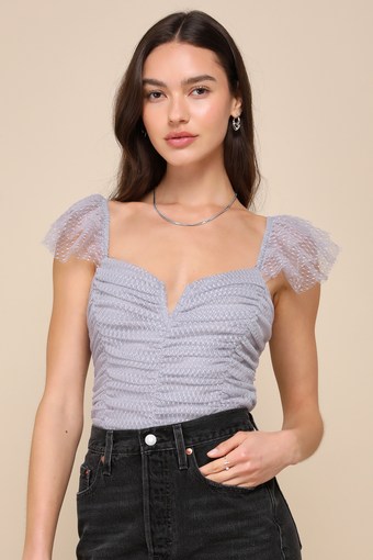 Completely Adored Grey Textured Mesh Ruched Ruffled Bodysuit