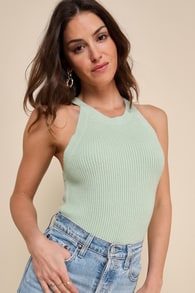 Staycation Sweetie Light Green Knit High Neck Tank Top