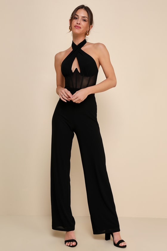 Shop Lulus Never-ending Glamour Black Mesh Cross-front Halter Jumpsuit