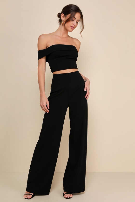 Shop Lulus Exponentially Chic Black Off-the-shoulder Two-piece Jumpsuit