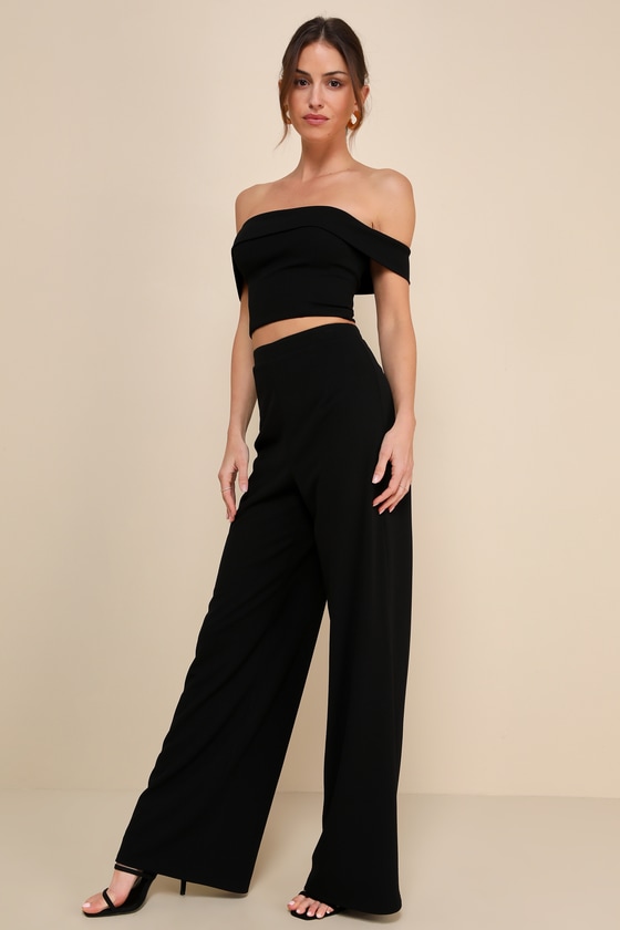 Shop Lulus Exponentially Chic Black Off-the-shoulder Two-piece Jumpsuit