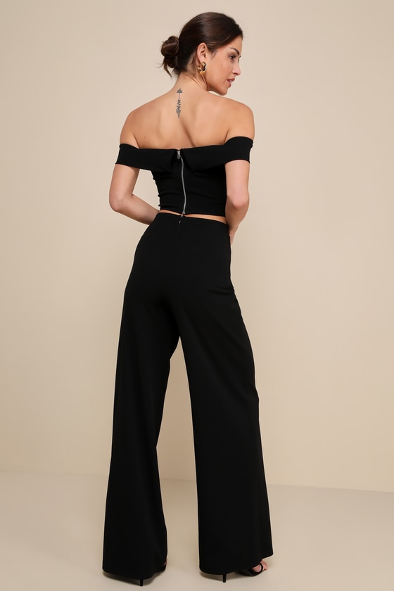 Shop Lulus Exponentially Chic Black Off-the-shoulder Two-piece Jumpsuit