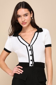 Poised Achievement Ivory and Black Short Sleeve Collared Sweater