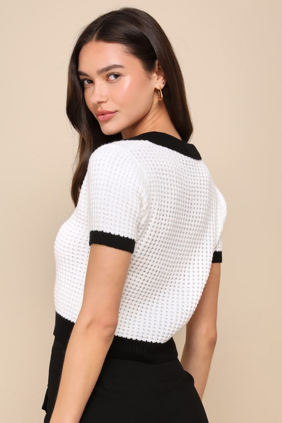 Lulus Poised Achievement Ivory And Black Short Sleeve Collared Sweater In Black
