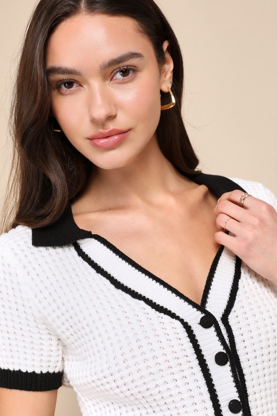 Lulus Poised Achievement Ivory And Black Short Sleeve Collared Sweater In Black