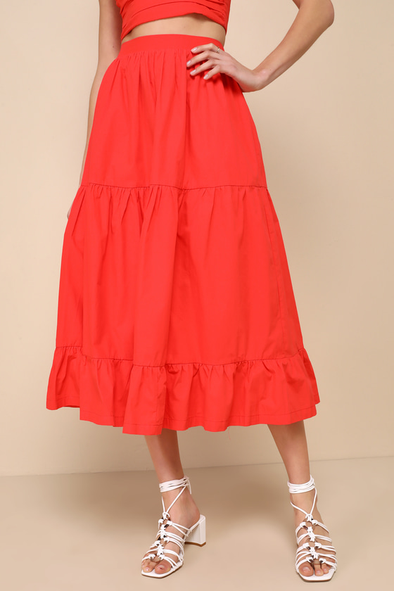 Daytime Perfection Red Cotton Tiered Midi Skirt 5