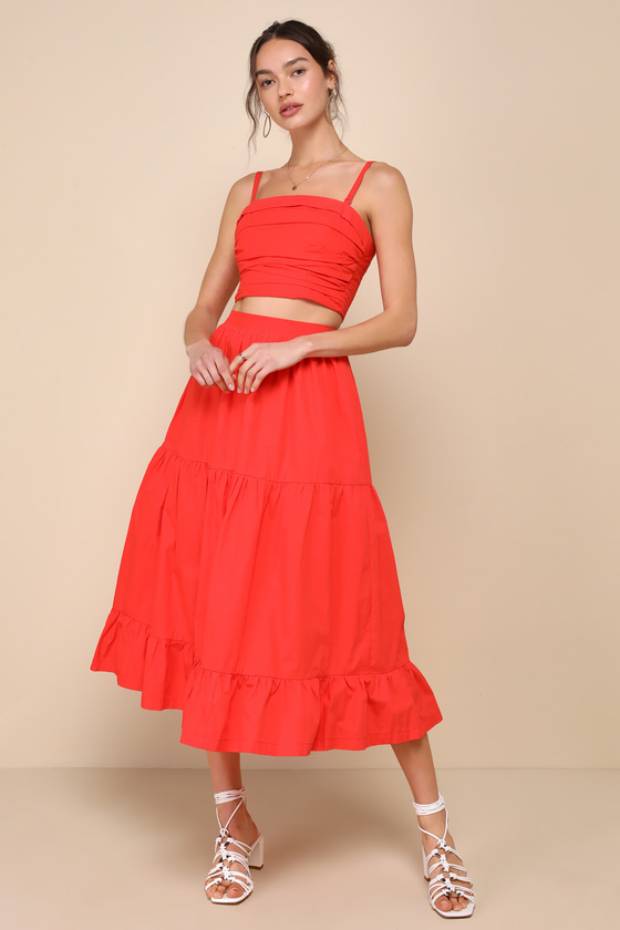 Daytime Perfection Red Cotton Tiered Midi Skirt 2