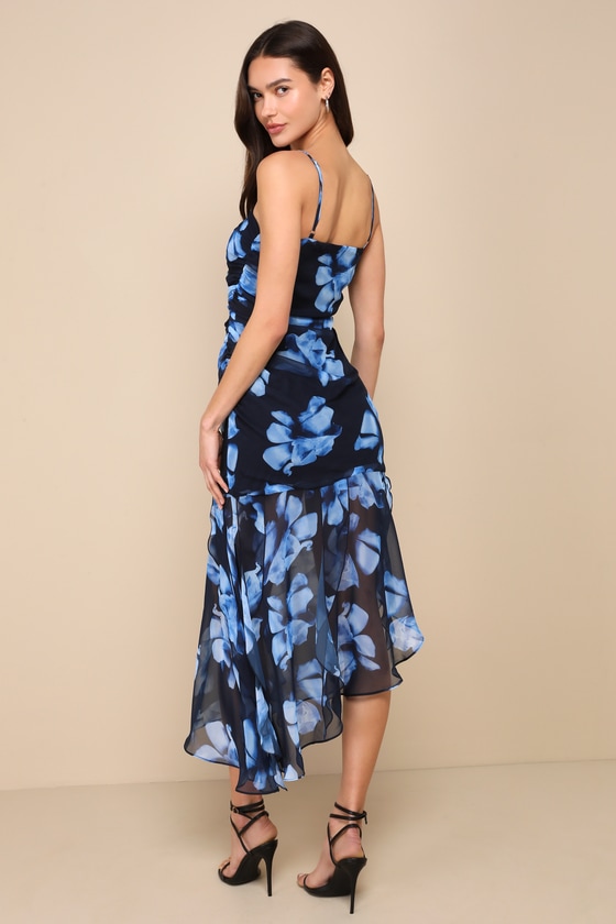 Shop Lulus Ethereal Essence Navy Blue Floral Ruched Asymmetrical Maxi Dress