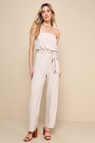 Leisurely Moments Heather Beige Ribbed Strapless Lounge Jumpsuit