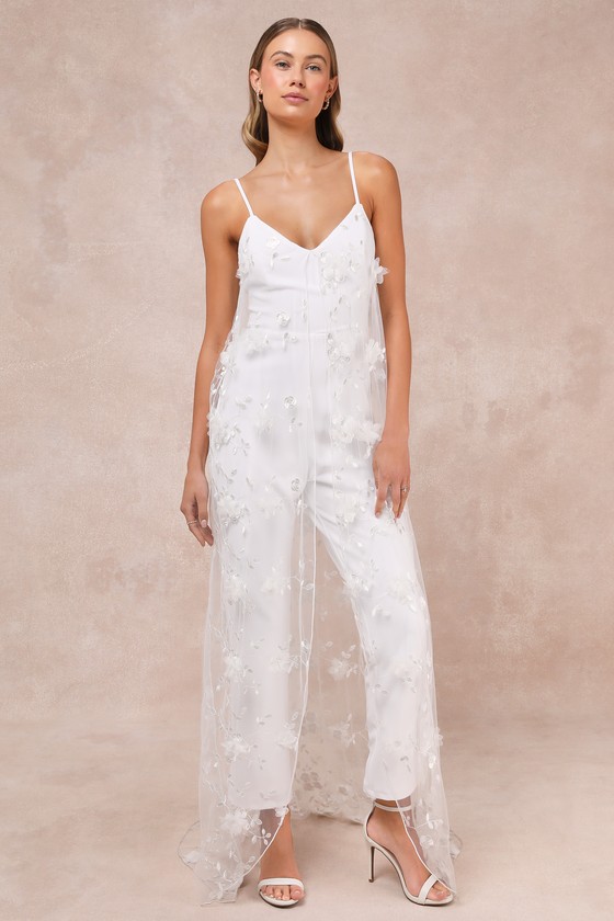 Lulus Extreme Elegance White Mesh Floral Embroidered Cape Jumpsuit