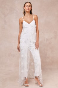 Extreme Elegance White Mesh Floral Embroidered Cape Jumpsuit