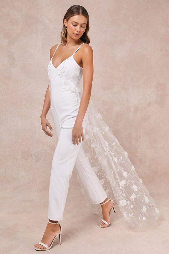 Extreme Elegance White Mesh Floral Embroidered Cape Jumpsuit 4