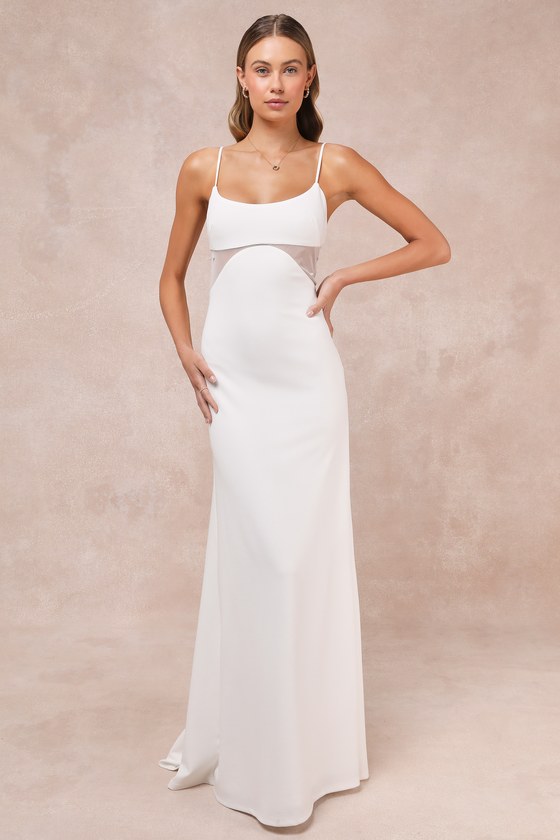 LULUS EUPHORIC ELOQUENCE WHITE SHEER MESH PEARL SLEEVELESS MAXI DRESS