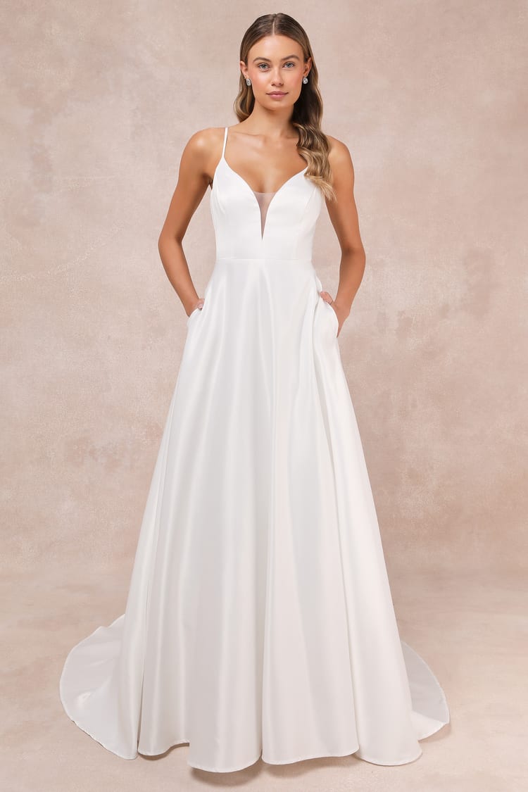 White Satin Deep V-neck Backless Wedding Dress With Pocket