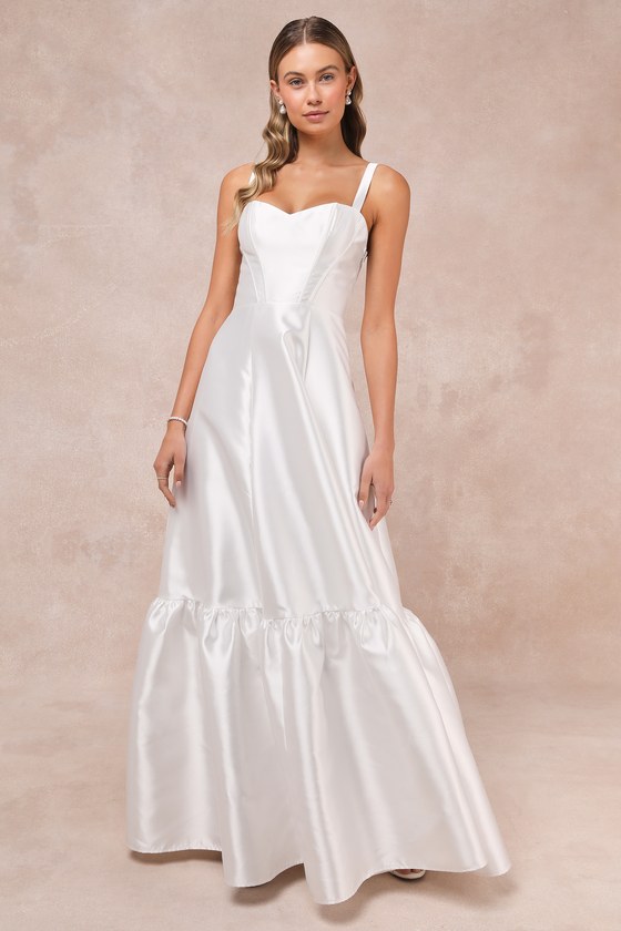 Lulus Luxurious Passion White Taffeta Bustier Tiered Maxi Dress